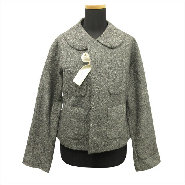 【中古】美品 12aw コムデギャルソン COMME des GARCONS フロントリボン ツイード ジャケット ブルゾン ウール アーカイブ XS グレー レディース 【ベクトル 古着】 250605