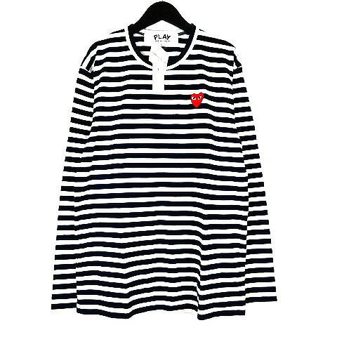 【中古】未使用品 プレイコムデギャルソン PLAY COMME des GARCONS レッドハート ボーダー柄 ロングスリーブ Tシャツ カットソー トップス 長袖 STRIPED TEE AZ-T010-051 ネイビー サイズL メンズ 【ベクトル 古着】 200327 ベクトル　マークスラッシュ