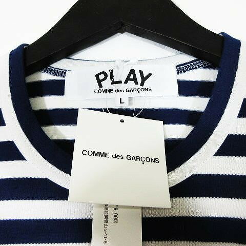 【中古】未使用品 プレイコムデギャルソン PLAY COMME des GARCONS レッドハート ボーダー柄 ロングスリーブ Tシャツ カットソー トップス 長袖 STRIPED TEE AZ-T010-051 ネイビー サイズL メンズ 【ベクトル 古着】 200327 ベクトル　マークスラッシュ