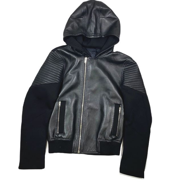 【中古】美品 14AW ジバンシィ GIVENCHY フード付き ラムレザー ライダースジャケット ブルゾン アウター ボンディング切替 黒 ブラック サイズXS 14F0303438 メンズ ▲B9 【ベクトル 古着】 230919