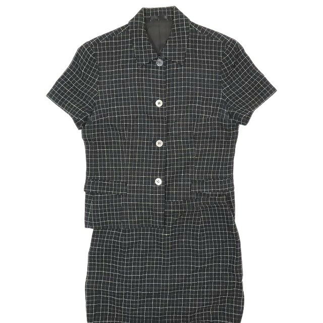 【中古】バーバリー ロンドン BURBERRY LONDON 大きいサイズ 42 グラフチェック ステッチ スカート スーツ セットアップ ステンカラー ジャケット 半袖 ブラック 黒 レディース TBA11 【ベクトル 古着】 250108