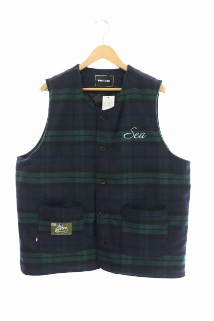 【中古】ウィンダンシー WIND AND SEA × Johnson Woolen Mills ジョンソン ウォーレン ミルズ WDS Wool Vest ロゴ 刺繍 チェック ベスト WDS-C-JWM-23-Q2-04 XL 紺 緑 ネイビー グリーン ブランド古着ベクトル 中古 ■ 230909 メンズ 【ベクトル 古着】 230909