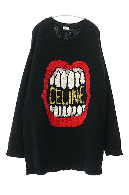 【中古】セリーヌ CELINE by Hedi Slimane エディ スリマン 21SS THE DANCING KID Loose Crew Neck Knit ザ ダンシング キッド ロゴ ルーズ クルーネック ニット セーター 2A04L714M M 黒 ブラック ブランド古着ベクトル 中古 ☆AA★ 240521 メンズ