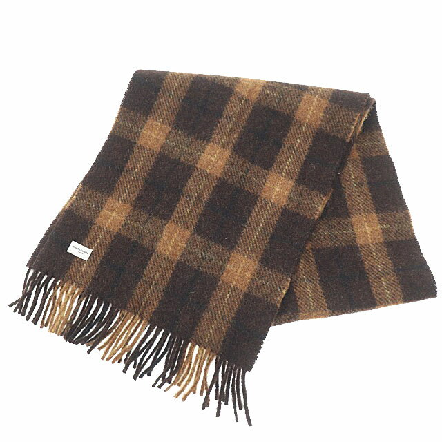 【中古】サンローラン パリ SAINT LAURENT PARIS ロゴ プレート チェック柄 フリンジ マフラー ストール 茶 ブラウン ブランド古着ベクトル 中古☆AA★▲●241113 メンズ レディース