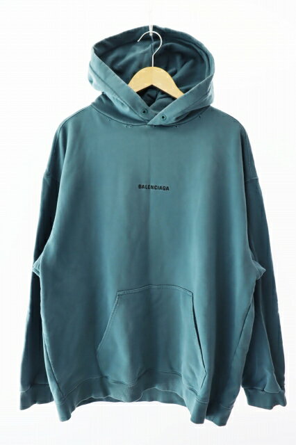 【中古】バレンシアガ BALENCIAGA 22AW Medium Fit Hoodie ロゴ刺繍 ダメージ加工 ミディアム フィット フーディー パーカー 600583 XL グリーン ブルー ブランド古着ベクトル 中古☆AA★250228 メンズ