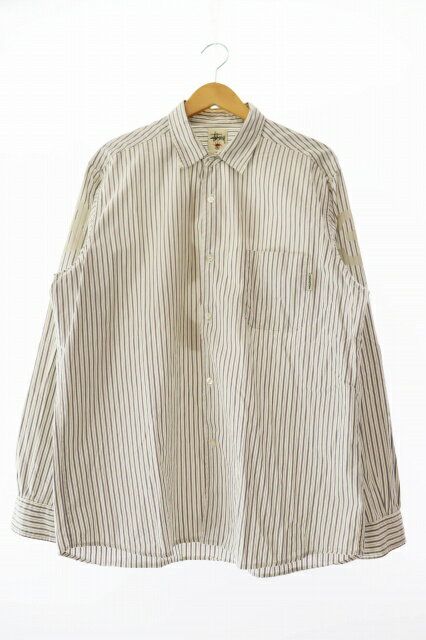 【中古】ステューシー STUSSY 90s OLD 王冠白タグ ストライプ ナンバリング 長袖シャツ L 白 ホワイト ブランド古着ベクトル 中古 ☆AA★ 250329