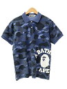 【中古】アベイシングエイプ A BATHING APE ブルー カモ 迷彩 ロゴ プリント 半袖 ポロシャツ M 青 ブルー ブランド古着ベクトル 中古☆AA★●250531 メンズ