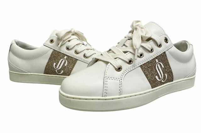 【中古】ジミーチュウ JIMMY CHOO CASH JC ロゴ プレート グリッター レザー ローカット スニーカー 35 白ホワイト ブランド古着ベクト..