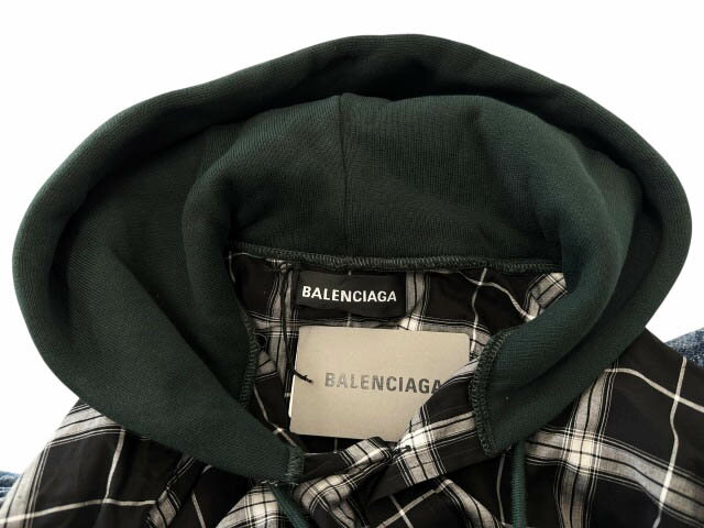 【中古】バレンシアガ BALENCIAGA 19SS Twinset Hoodie デニム ベスト ツインセット フーディー チェック柄シャツ 557356 TAP20 37 ブルー ブラック ブランド古着ベクトル 中古☆AA★260206 メンズ