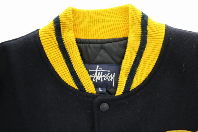 【中古】ステューシー STUSSY 90s OLD BIG4 Varsity Jacket ヴァーシティ ジャケット スタジャン ブルゾン L 黒 黄色 ブラック イエロー ブランド古着ベクトル 中古 260222 メンズ