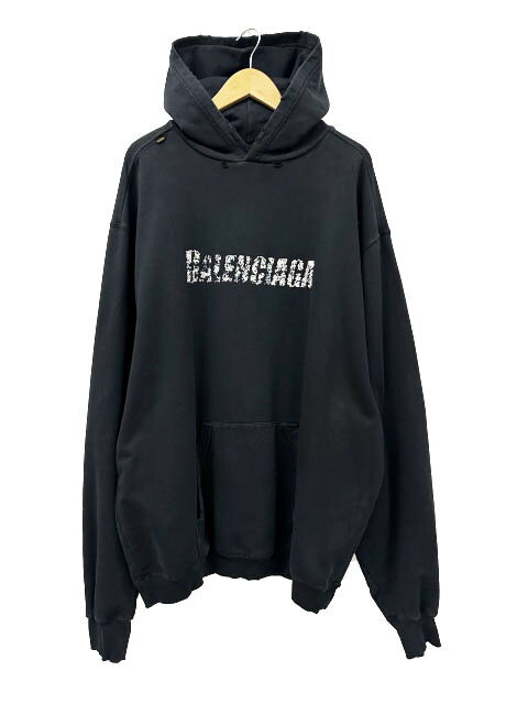 Rakuten - 【中古】バレンシアガ BALENCIAGA 22AW Destroyed Logo-Print Hoodie デストロイド ダメージ加工 ロゴ プリント フーディ プルオーバー パーカー 729361 TNVL2 XXS 黒ブラック ブランド古着ベクトル 中古☆AA★260424 メンズ