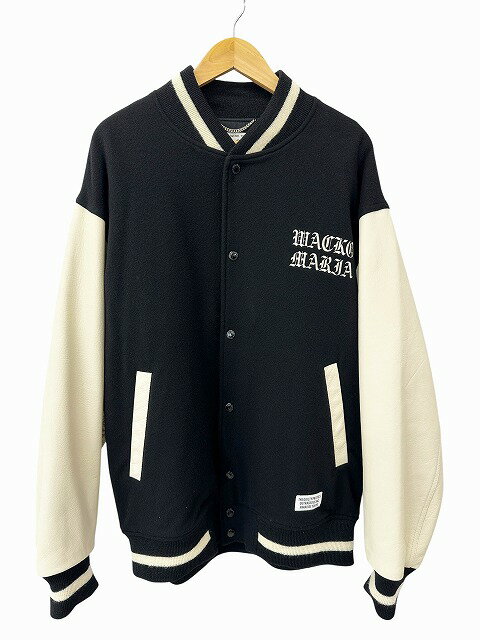 【中古】ワコマリア WACKO MARIA 22AW VARSITY JACKET-B-(TYPE-3) ロゴ刺繍 レザー切替 バーシティ ジャケット L ブラック アイボリー ブランド古着ベクトル 中古260316 メンズ