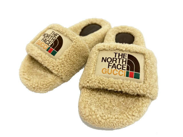 gucci///////////////\\\' - 【中古】グッチ GUCCI ×THE NORTH FACE ノースフェイス 22SS ロゴ ムートン スライド サンダル 679948 36 ベージュ ブランド古着ベクトル 中古☆AA★▲■260620 レディース