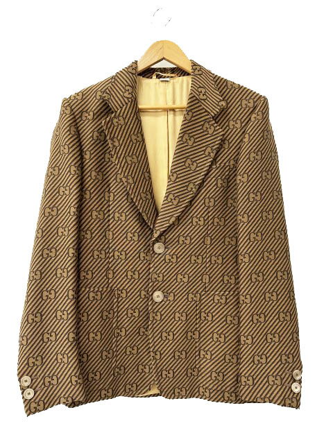gucci///////////////\' - 【中古】グッチ GUCCI 20AW GG 総柄 ストライプ ジャガード テーラード ジャケット ブレザー 618666 ZAEAK 46 茶ブラウン ブランド古着ベクトル 中古260604 メンズ