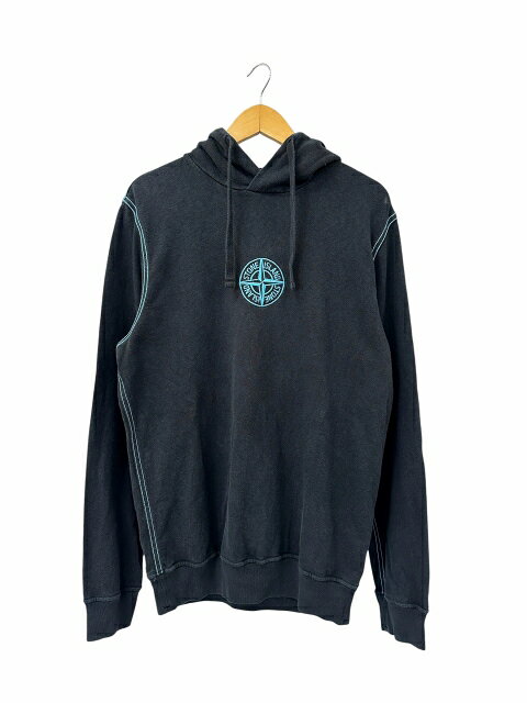 【中古】ストーンアイランド STONE ISLAND 21SS EMBROIDERED WINDROSE HOODIE エンブロイダリー ウィンドローズ ライン プルオーバー フーディー パーカー 741561159 L 黒 水色 ブラック ライトブルー ブランド古着ベクトル中古260816 メンズ