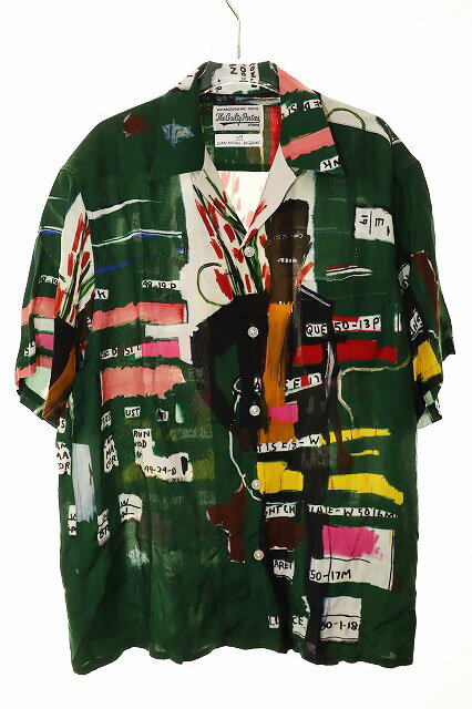 【中古】ワコマリア WACKO MARIA × JEAN-MICHEL BASQUIAT 21SS HAWAIIAN SHIRT M ジャン ミシェル バスキア ハワイアンシャツ 半袖シャツ 総柄 開襟 グリーン 【ブランド古着ベクトル】☆AA★251011 メンズ 【ベクトル 古着】 251011