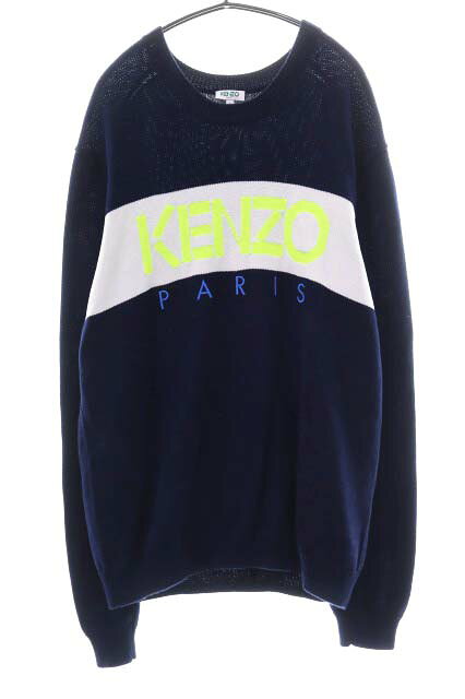 Rakuten - 【中古】ケンゾー KENZO ロゴ クルーネック ニット トレーナー ネイビー 蛍光色 Lサイズ F955PU2173LC 【ブランド古着ベクトル】260525 メンズ 【ベクトル 古着】 260525