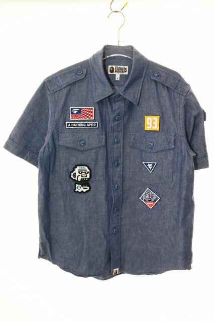 乐天商城 - 【中古】アベイシングエイプ A BATHING APE シャンブレーシャツ Mサイズ ワッペン 半袖 ブルー 【ブランド古着ベクトル】260502 メンズ 【ベクトル 古着】 260502