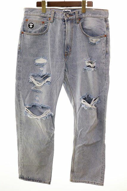 Rakuten - 【中古】アベイシングエイプ A BATHING APE AAPE × 9090 PATCH DISTRESSED JEANS L デニムパンツ ジーンズ ダメージ加工 ライトブルー 【ブランド古着ベクトル】260506 メンズ 【ベクトル 古着】 260506
