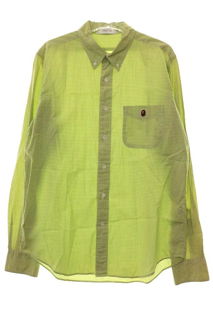 【中古】アベイシングエイプ A BATHING APE ギンガム チャック シャツ Lサイズ ワンポイント 長袖 グリーン 【ブランド古着ベクトル】261011 メンズ 【ベクトル 古着】 261011
