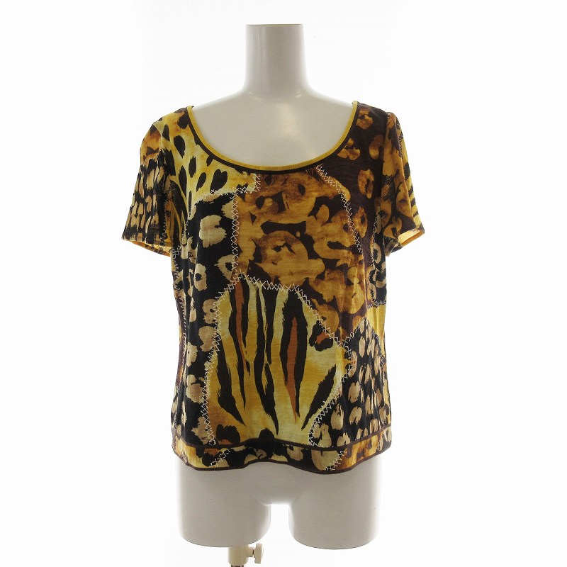 【中古】レオナール LEONARD FASHION ファッション カットソー 半袖 ボートネック 総柄 アニマル柄 L 黄 イエロー /RE レディース 【ベクトル 古着】 241024