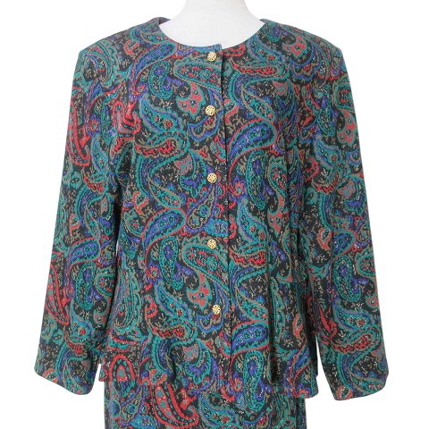 【中古】フィットミー ジュニア fitme JUNIOR 美品 セットアップ 大きいサイズ ペーズリー柄 ラメ ノーカラー ジャケット スカート ひざ丈 タイト 金ボタン 13 LL相当 マルチカラー X レディース 【ベクトル 古着】 250125