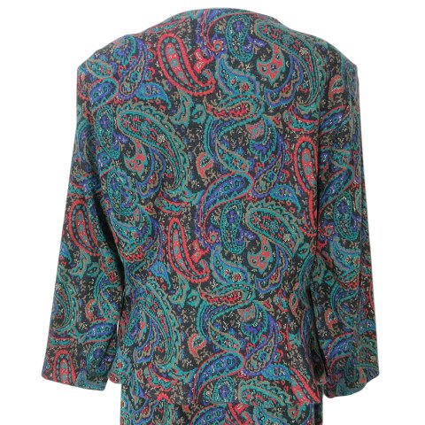 【中古】フィットミー ジュニア fitme JUNIOR 美品 セットアップ 大きいサイズ ペーズリー柄 ラメ ノーカラー ジャケット スカート ひざ丈 タイト 金ボタン 13 LL相当 マルチカラー X レディース 【ベクトル 古着】 250125