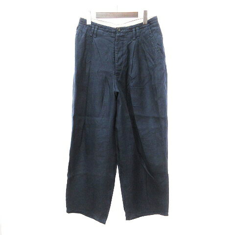 【中古】スズキ タカユキ suzuki takayuki WIDE LEGGED PANTS ワイド レッグド パンツ スラックス ボタンフライ タック 綿 麻 コットンリネン 紺 ネイビー 0 M位 レディース 【ベクトル 古着】 230917