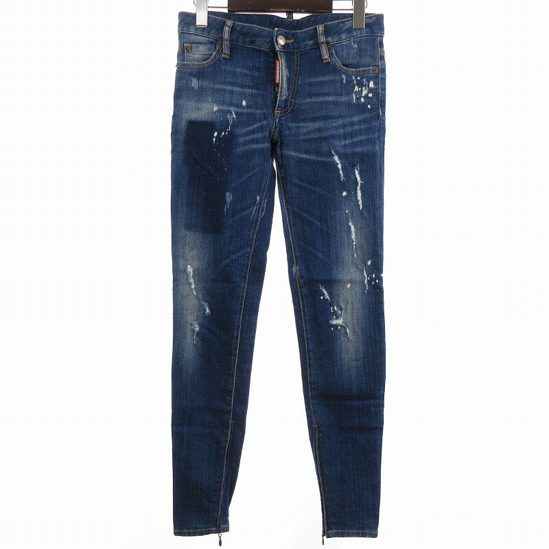 【中古】ディースクエアード DSQUARED2 17年 SUPER skinny jean デニムパンツ ジーンズ スキニー ダメージ加工 ペイント コットン S72LB0006 インディゴ 青 36 S位 レディース 【ベクトル 古着】 240326