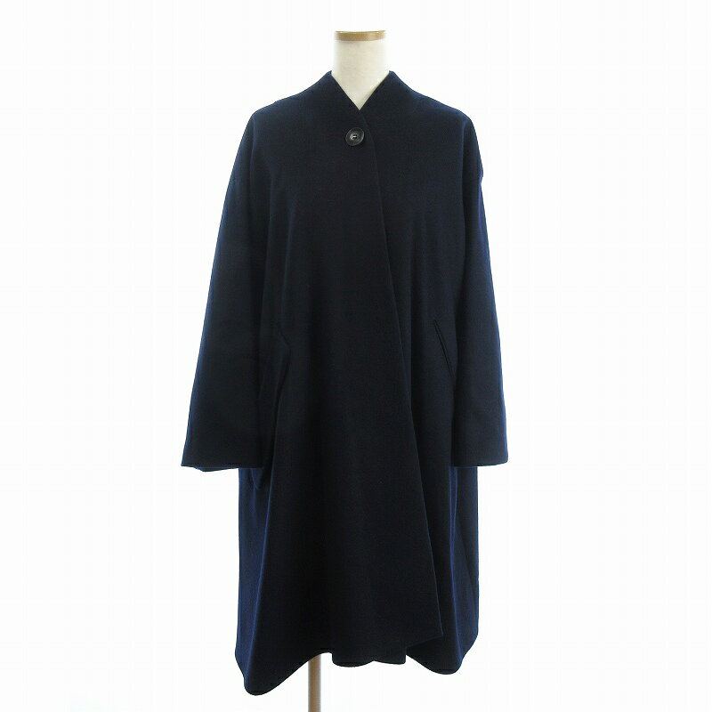【中古】エリン ELIN ウールブレンドアシンメトリーコート ロング丈 ノーカラー 無地 11705-33-0603 紺 ネイビー 36 レディース 【ベクトル 古着】 250109