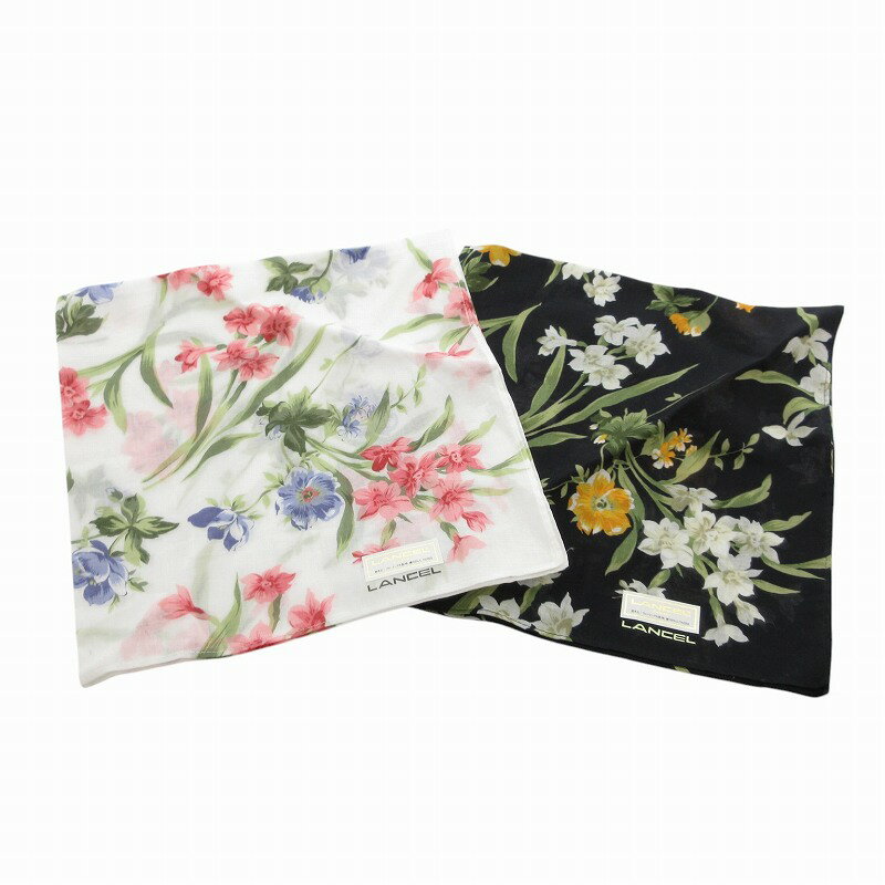【中古】未使用品 ランセル LANCEL ハンカチ 2枚セット チーフ 総柄 花柄 黒 ブラック 白 ホワイト /FF ■GY18 レディース 【ベクトル 古着】 250212