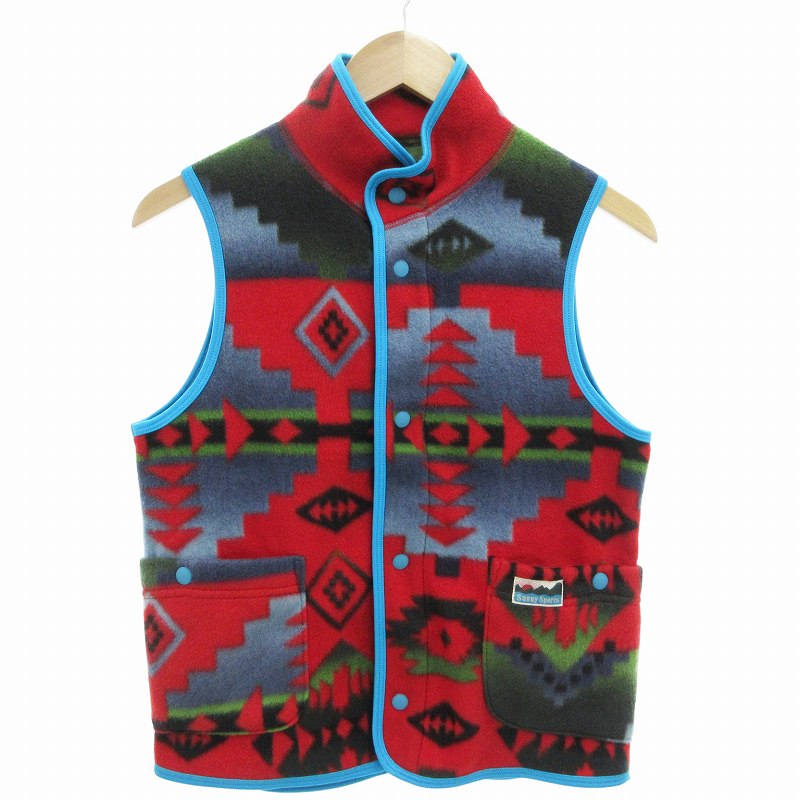 【中古】サニースポーツ SUNNY SPORTS 美品 フリースベスト スナップボタン チマヨ柄 USA製 赤 レッド /FF メンズ 【ベクトル 古着】 250414