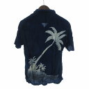 【中古】ハリウッドランチマーケット HOLLYWOOD RANCH MARKET アロハシャツ 半袖 ヤシの木 藍染 バックプリント フロントボタン 紺 ネイビ...
