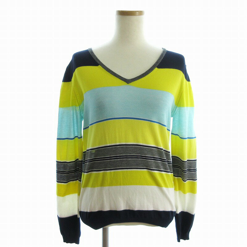 【中古】マカフィー MACPHEE トゥモローランド ニットソー カットソー 長袖 Vネック ボーダー マルチカ..
