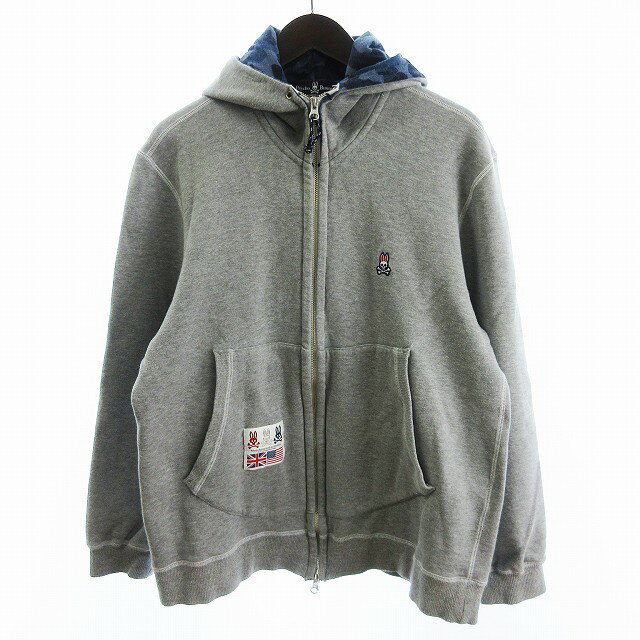 【中古】サイコバニー Psycho Bunny パーカー スウェット フルジップ 裏起毛 長袖 ワンポイント コットン グレー 2L 大きいサイズ メンズ 【ベクトル 古着】 250514