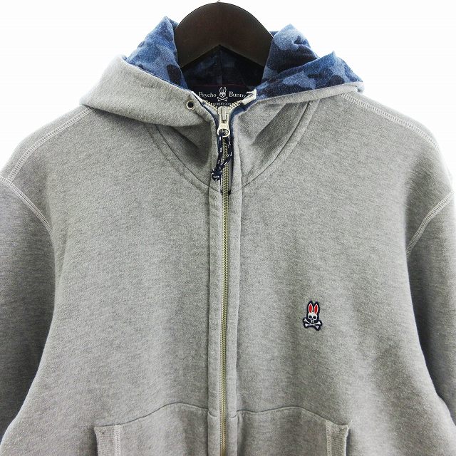 【中古】サイコバニー Psycho Bunny パーカー スウェット フルジップ 裏起毛 長袖 ワンポイント コットン グレー 2L 大きいサイズ メンズ 【ベクトル 古着】 250514