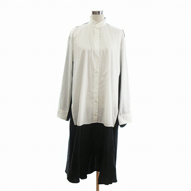 【中古】エムエムシックス メゾンマルジェラ MM6 Maison Margiela 21SS シャツワンピース 切替 長袖 ロング バンドカラー コットン S62CT0124 STN996 白 ホワイト 黒 ブラック 40 レディース 【ベクトル 古着】 250517