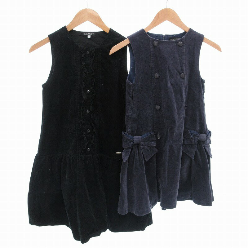 【中古】ベベ bebe ワンピース 2点セット コーデュロイ リボン フリル ノースリーブ 140 150 紺 ネイビー 黒 ブラック /FF キッズ 【ベクトル 古着】 250522