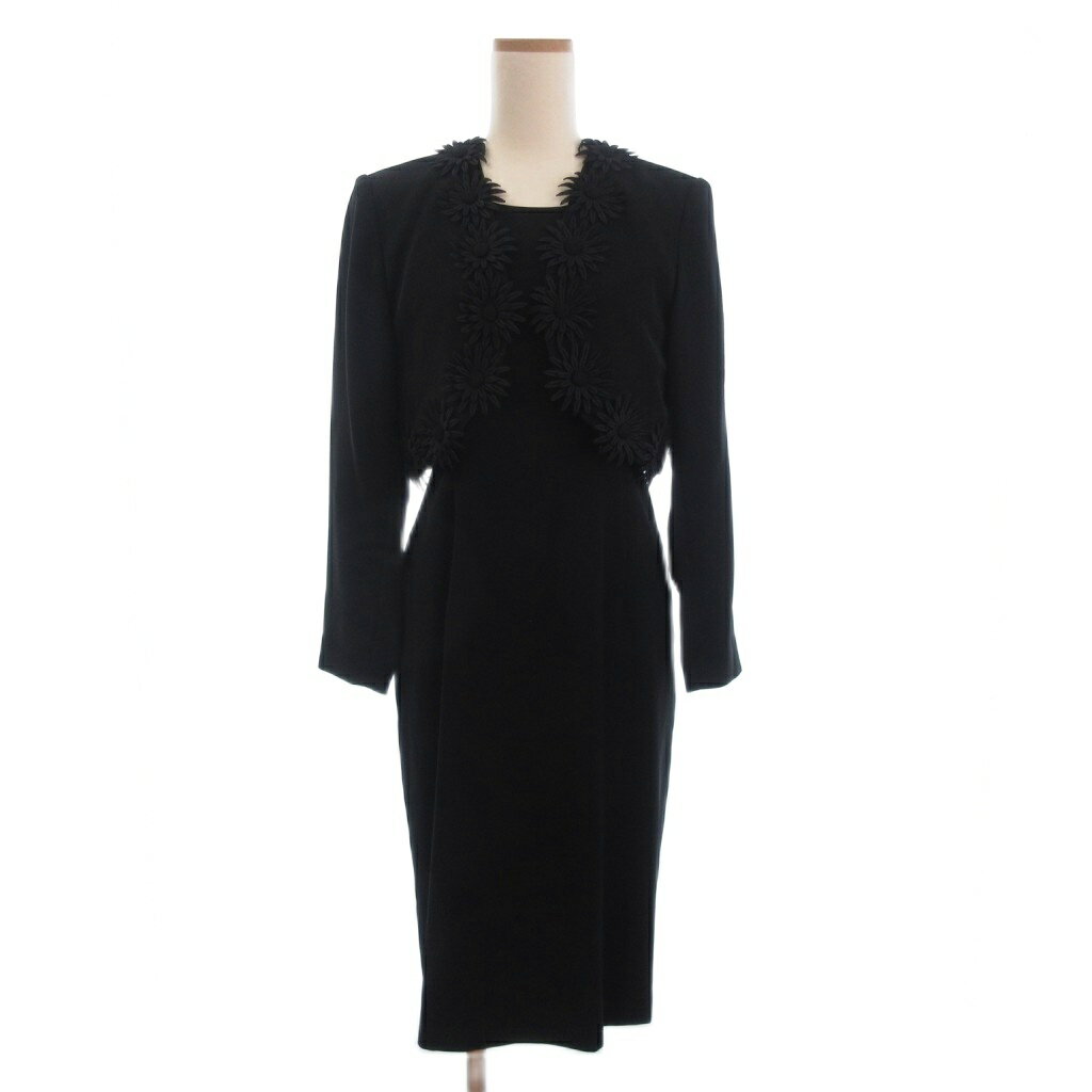 【中古】ユミカツラ YUMI KATSURA フォーマル セットアップ ジャケット ノーカラー ボタンレス ワンピース 半袖 ロング丈 花 黒 ブラック 9AR ■FF レディース 【ベクトル 古着】 251024