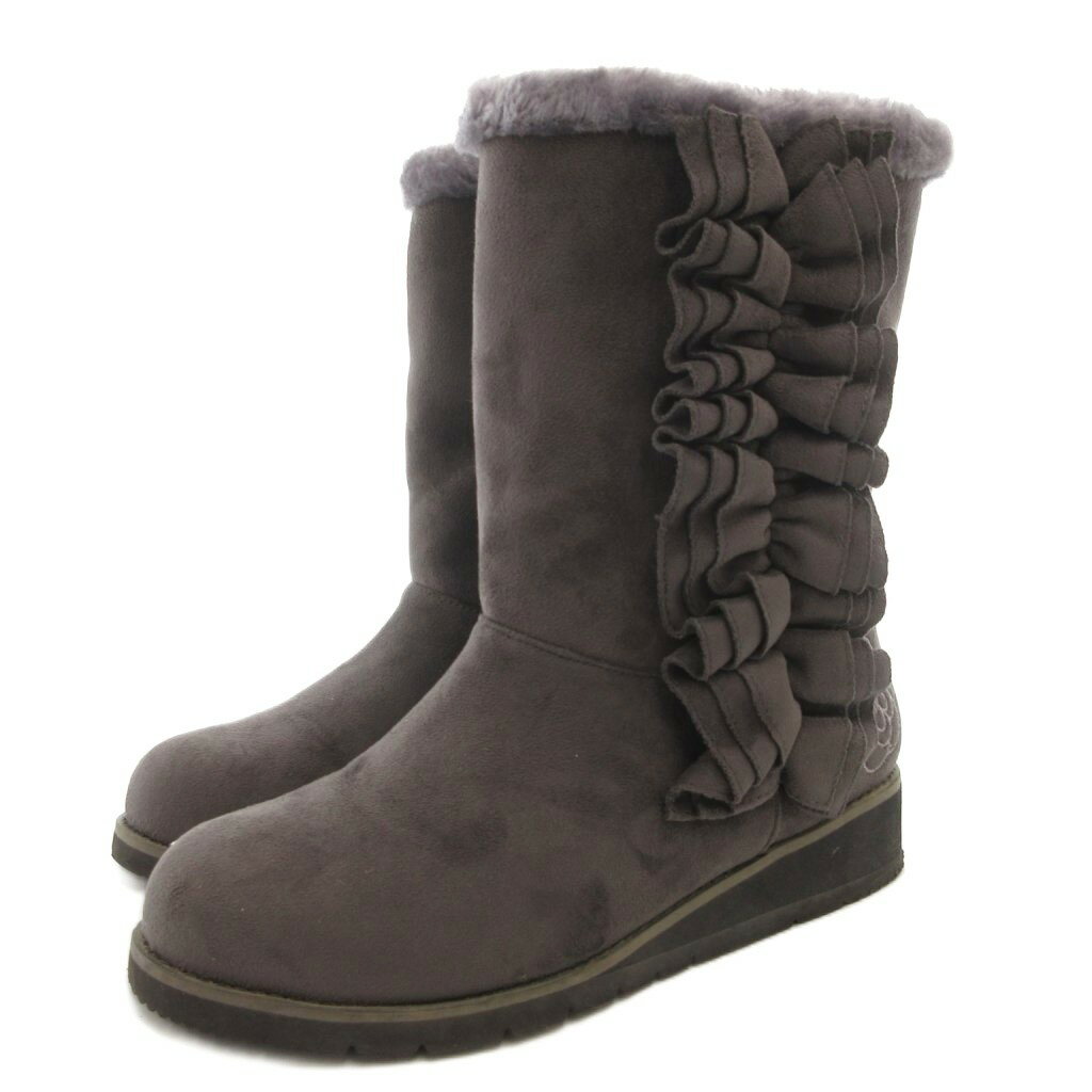 【中古】アンドラブ ＆LOVE しあわせフリルのあったかブーツ ショート 花柄 刺繍 グレー /GV レディー..