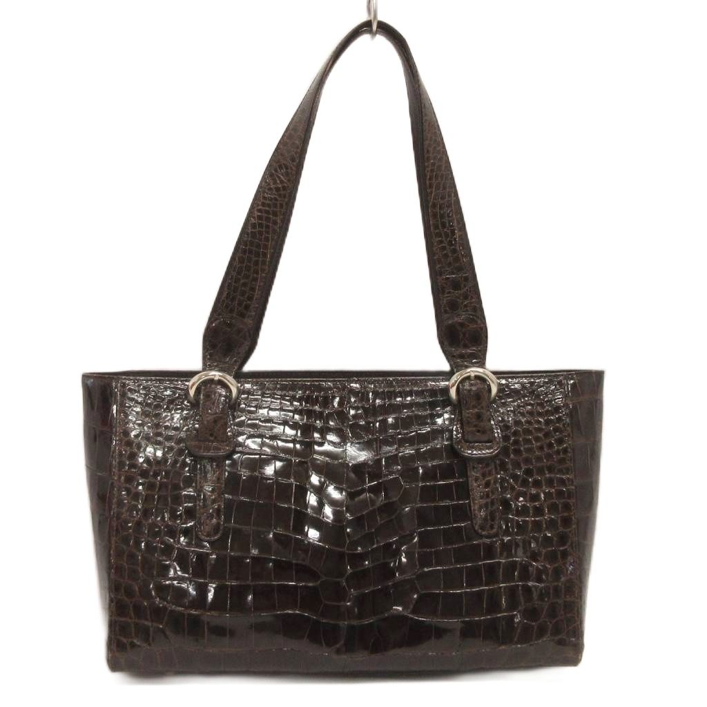 【中古】シャイニングクロコ JRA トートバッグ 肩がけ スクエア レザー 茶 ブラウン 鞄 レディース 【..