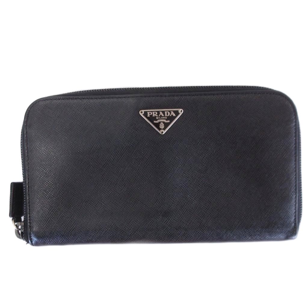 【中古】プラダ PRADA サフィアーノ ラウンドファスナー 長財布 三角プレート 黒 ブラック ウォレット ☆AA★ メンズ 【ベクトル 古着】 260513