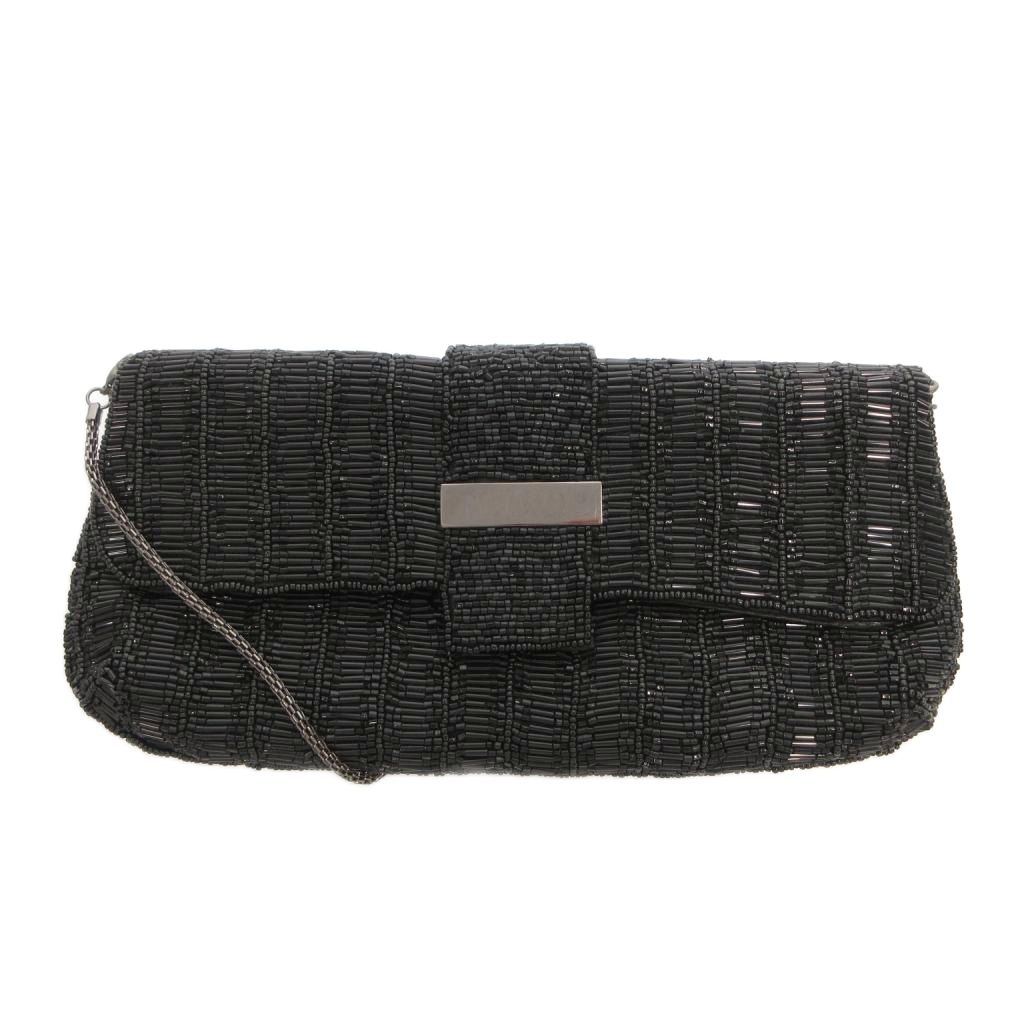 【中古】23区 オンワード樫山 2WAY ビーズバッグ ハンド クラッチ 黒 ブラック フラップ チェーンストラップ /NU ■GY99 レディース 【ベクトル 古着】 260909
