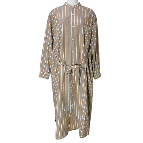 【中古】グランマママドーター GRANDMA MAMA DAUGHTER ストライプ シャツ ワンピース ロング 小さいサイズ 長袖 バンドカラー ウエストリボン 0 XS相当 ブラウン系 X レディース 【ベクトル 古着】 250113