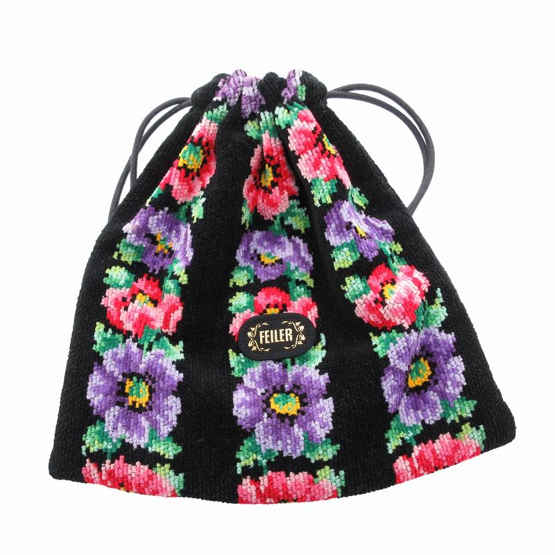 【中古】フェイラー FEILER 美品 巾着 ポーチ インバッグ シュニール織り 花柄 黒 ブラック /FF ■GY99 レディース 【ベクトル 古着】 250319