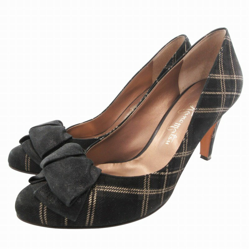【中古】銀座かねまつ GINZA Kanematsu リボンパンプス ヒール ポインテッドトゥ チェック 23cm 黒 ブラック /GV レディース 【ベクトル 古着】 250526