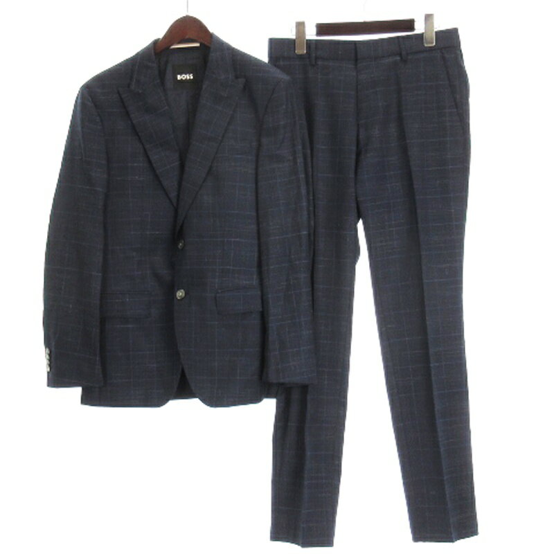 【中古】ヒューゴボス HUGO BOSS セットアップ チェック テーラードジャケット シングル パンツ スラックス ネイビー 44 メンズ 【ベクトル 古着】 250623