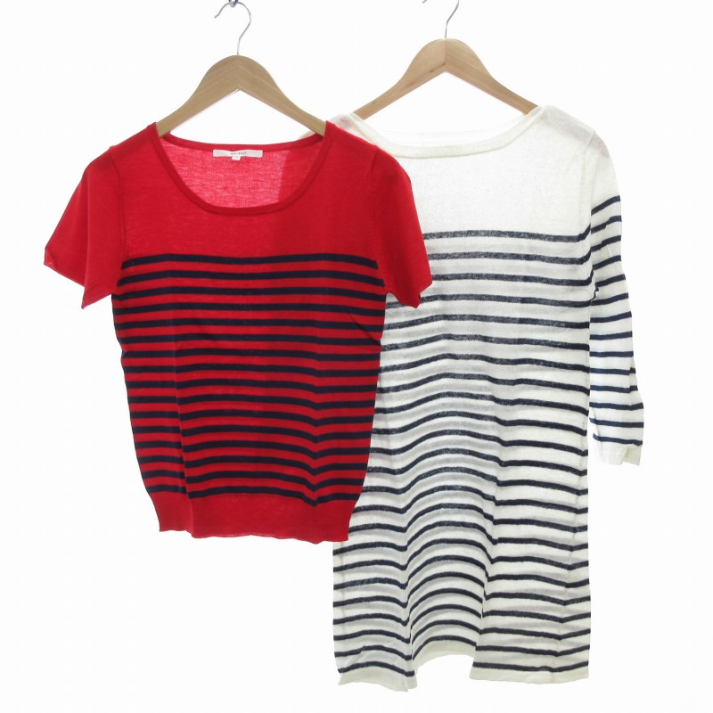 【中古】ディセット dix-sept ニットカットソー チュニック 2点セット ボーダー リネン 半袖 長袖 40 M 赤 レッド 白 ホワイト 紺 ネイビー /FT ■F レディース 【ベクトル 古着】 250627