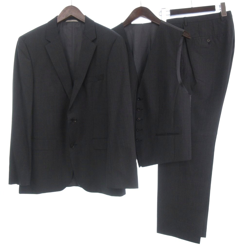 【中古】ヒューゴボス HUGO BOSS セットアップ スーツ 3ピース ストライプ テーラードジャケット ベスト パンツ スラックス 50 グレー メンズ 【ベクトル 古着】 260428