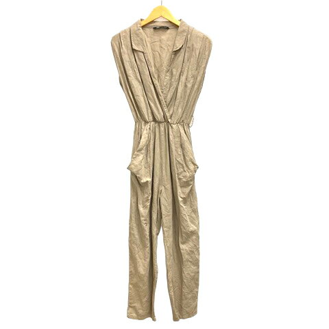 【中古】ザラ ZARA オールインワン パンツ ノースリーブ タック リネン混 ロング丈 無地 M ベージュ レディース 【ベクトル 古着】 240627